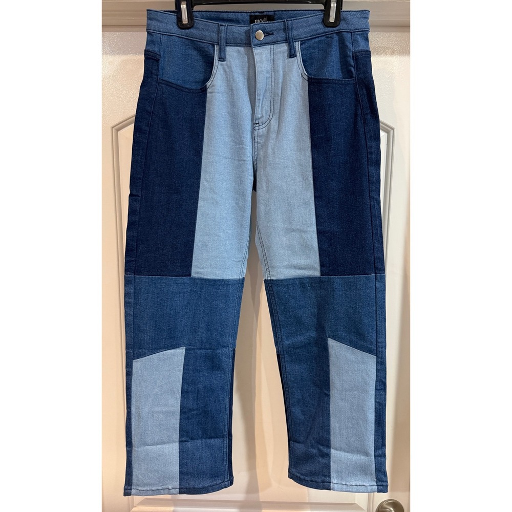 Mod X Women Patchwork Multi Tone Blue Straight Leg Jeans Size Medium High Rise
